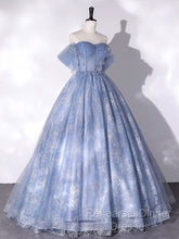 Blue A-Line Tulle Lace Long Semi Formal Prom Dress, Blue Formal Graduation Dress